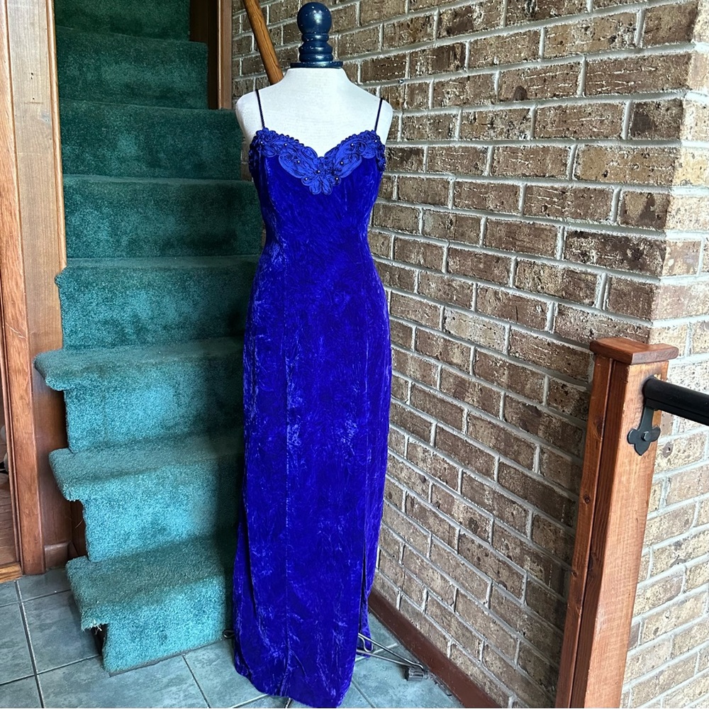 VTG 80s 90s Rich Royal Blue Crushed Velvet Slit Leg Spaghetti Strap Formal Dress